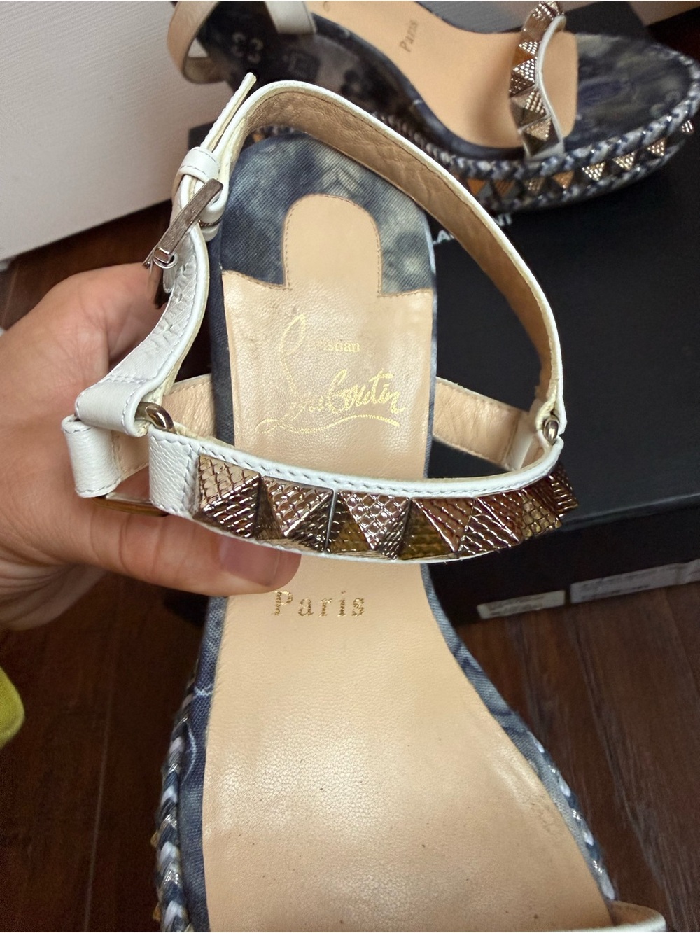 Christian Louboutin Pyraclou 110mm denim wedge sandals SZ 37 - Picture 4 of 8